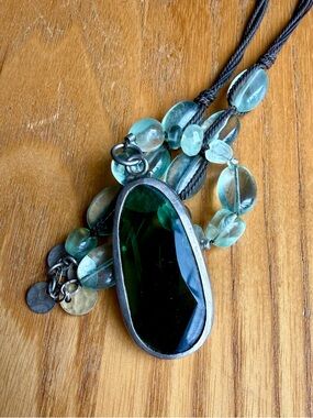 Dark Green Glass Pendant Necklace with Beaded Strand